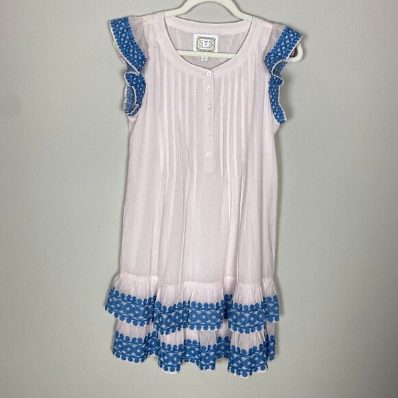 Sail to Sable Flutter Sleeve Dress in Blush Pink Blue Embroidered Ruffles Tiered - Picture 2 of 11